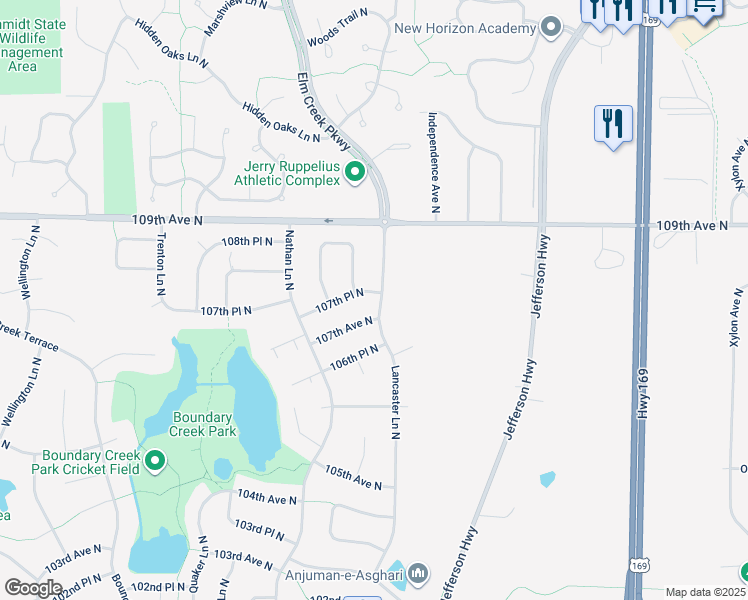 map of restaurants, bars, coffee shops, grocery stores, and more near 9622 107th Place North in Maple Grove