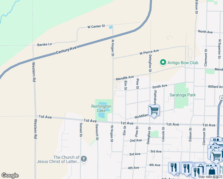 map of restaurants, bars, coffee shops, grocery stores, and more near 1322 North Hogan Street in Antigo