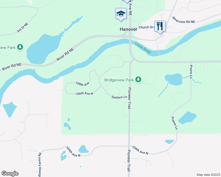 map of restaurants, bars, coffee shops, grocery stores, and more near 10757 Settlers Lane in Loretto