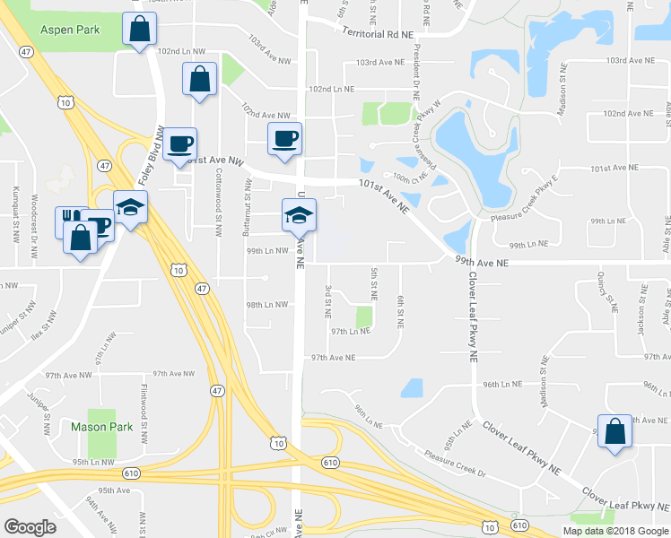 map of restaurants, bars, coffee shops, grocery stores, and more near 36 99th Avenue Northeast in Blaine