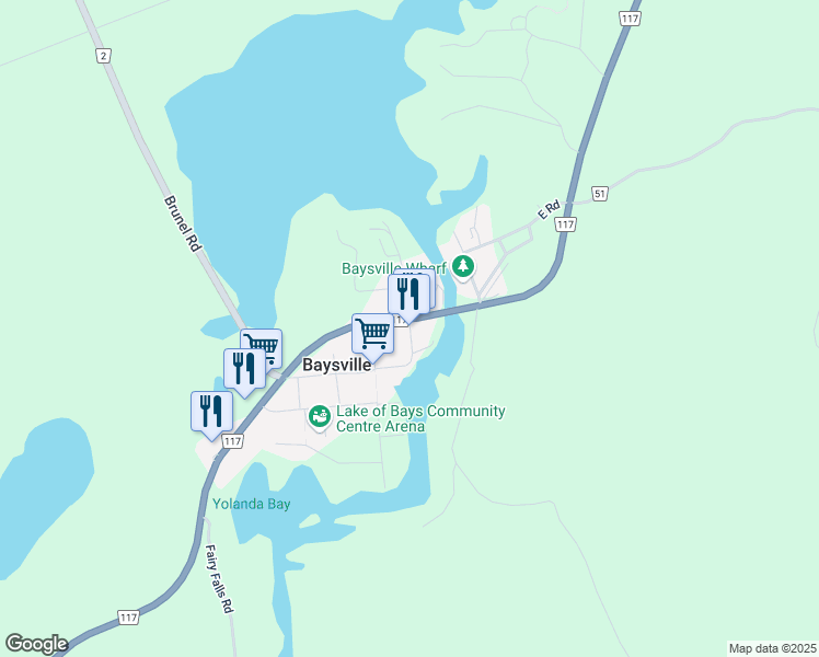 map of restaurants, bars, coffee shops, grocery stores, and more near 7 Bay Street in Baysville
