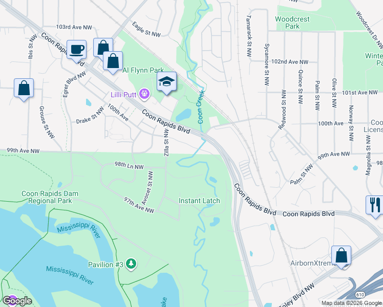 map of restaurants, bars, coffee shops, grocery stores, and more near 9907 Zilla Street Northwest in Coon Rapids