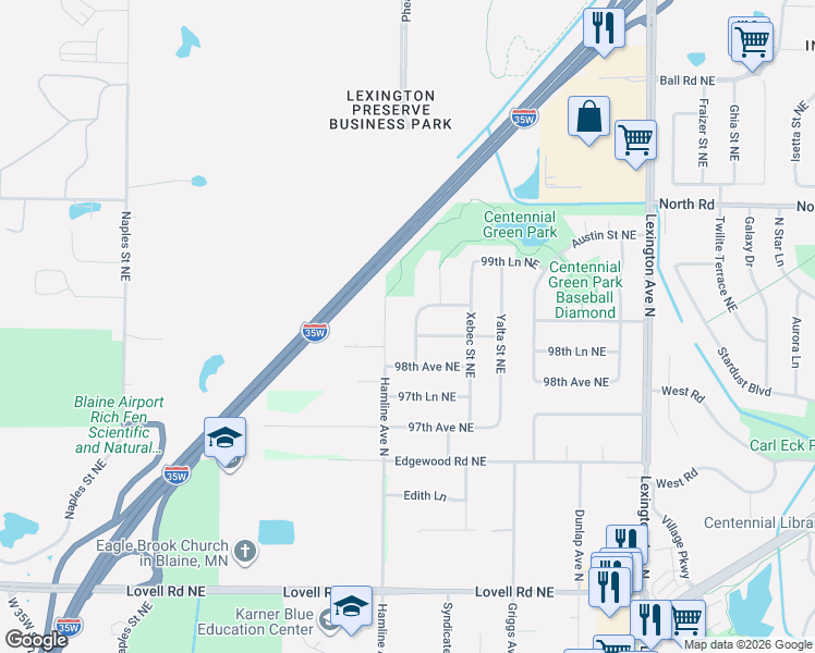 map of restaurants, bars, coffee shops, grocery stores, and more near 3878 99th Avenue Northeast in Circle Pines