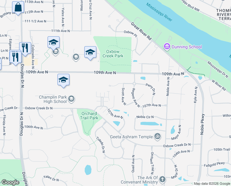 map of restaurants, bars, coffee shops, grocery stores, and more near 10737 Toledo Lane in Brooklyn Park