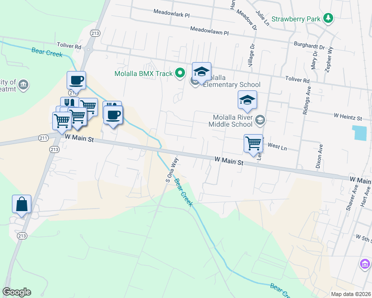 map of restaurants, bars, coffee shops, grocery stores, and more near 1011 West Main Street in Molalla
