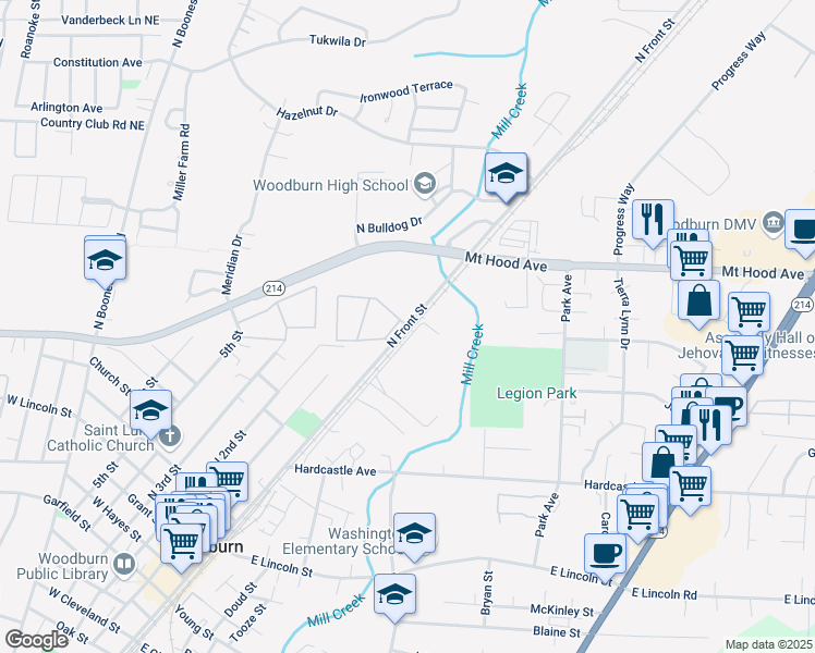 map of restaurants, bars, coffee shops, grocery stores, and more near 1512 North Front Street in Woodburn