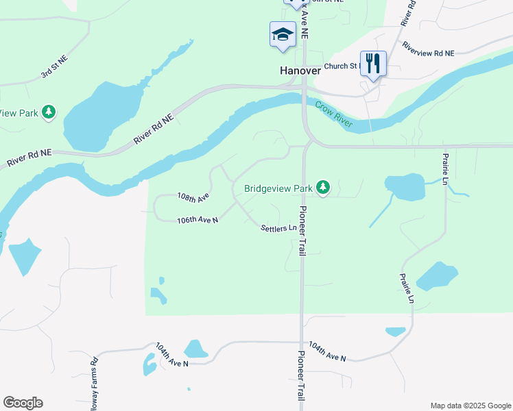map of restaurants, bars, coffee shops, grocery stores, and more near 10757 Settlers Lane in Loretto