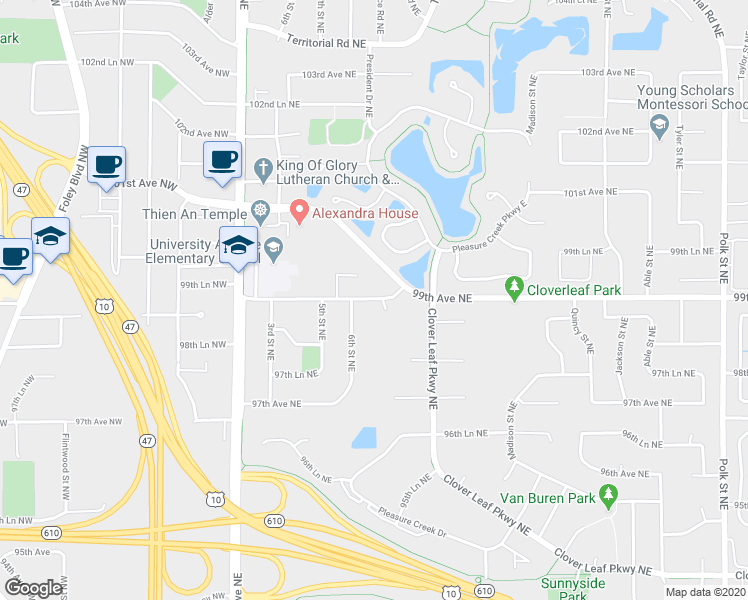 map of restaurants, bars, coffee shops, grocery stores, and more near 200 99th Avenue Northeast in Blaine