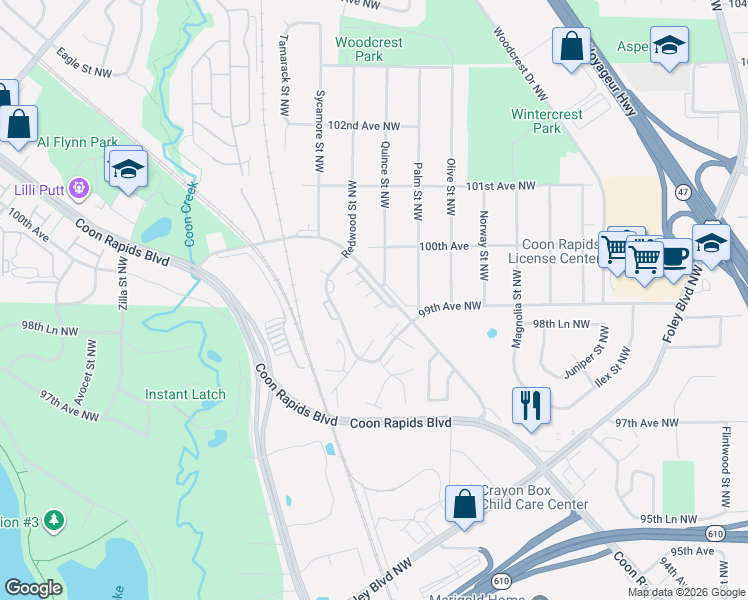 map of restaurants, bars, coffee shops, grocery stores, and more near 868 Coon Rapids Boulevard Extension Northwest in Coon Rapids