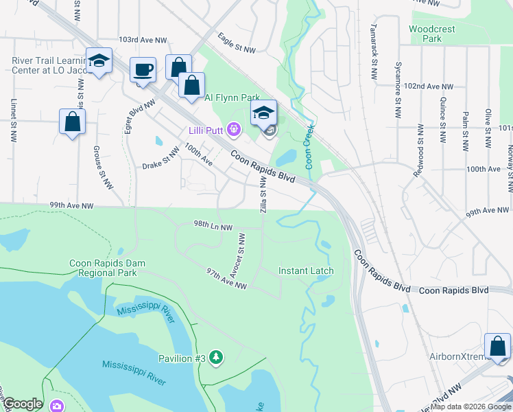 map of restaurants, bars, coffee shops, grocery stores, and more near 9920 Zilla Street Northwest in Coon Rapids