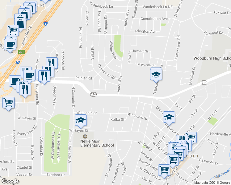 map of restaurants, bars, coffee shops, grocery stores, and more near 1312 Rainier Road in Woodburn