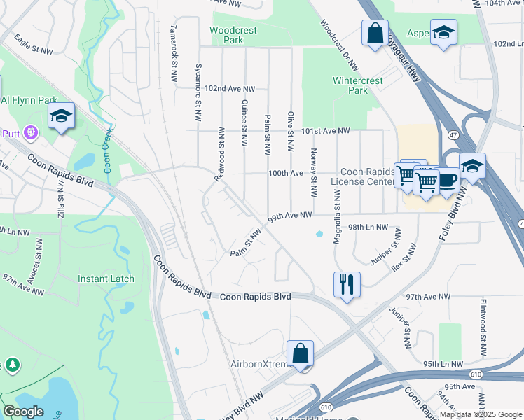 map of restaurants, bars, coffee shops, grocery stores, and more near 9900 Palm Street Northwest in Coon Rapids