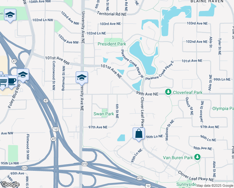 map of restaurants, bars, coffee shops, grocery stores, and more near 249 99th Avenue Northeast in Minneapolis