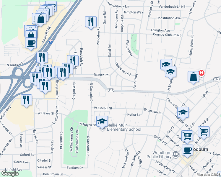 map of restaurants, bars, coffee shops, grocery stores, and more near 1488 Rainier Road in Woodburn