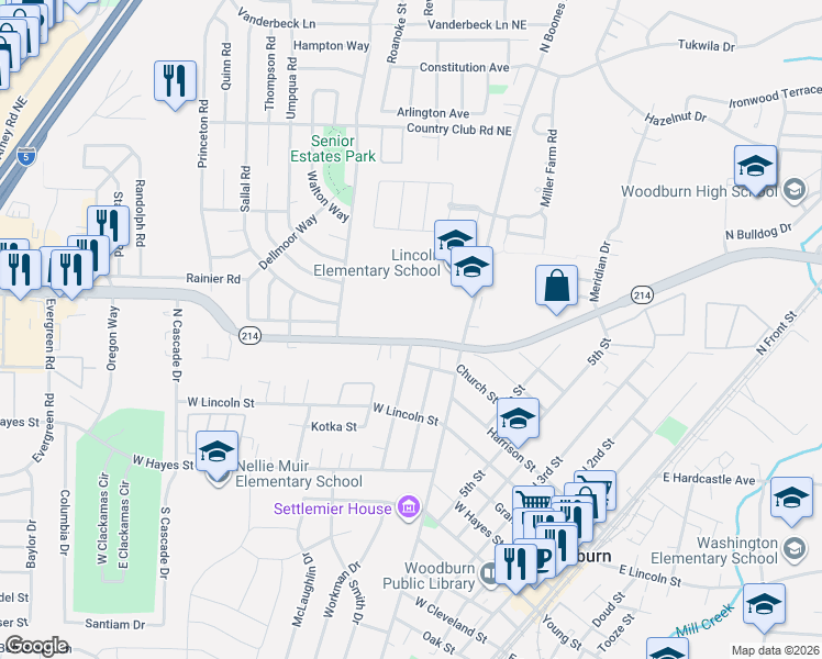 map of restaurants, bars, coffee shops, grocery stores, and more near 1081 Newberg Highway in Woodburn