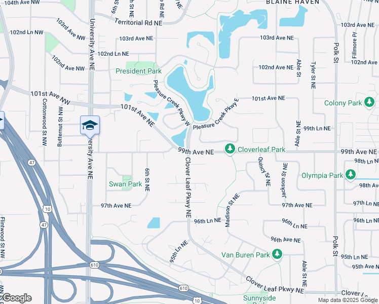 map of restaurants, bars, coffee shops, grocery stores, and more near 99th Ave NE & Clover Leaf Pkwy NE in Blaine