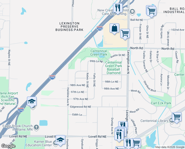 map of restaurants, bars, coffee shops, grocery stores, and more near 9868 Yalta Street Northeast in Circle Pines