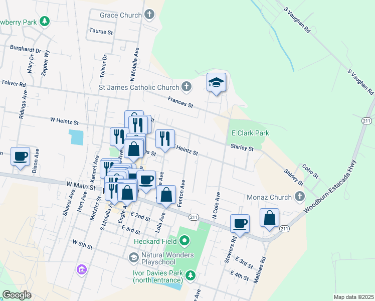 map of restaurants, bars, coffee shops, grocery stores, and more near 340 East Heintz Street in Molalla