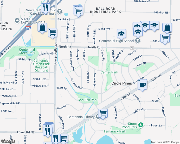 map of restaurants, bars, coffee shops, grocery stores, and more near 238 Aurora Lane in Circle Pines