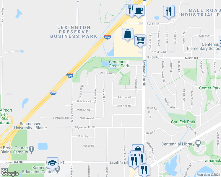 map of restaurants, bars, coffee shops, grocery stores, and more near 9900 Austin Street Northeast in Circle Pines