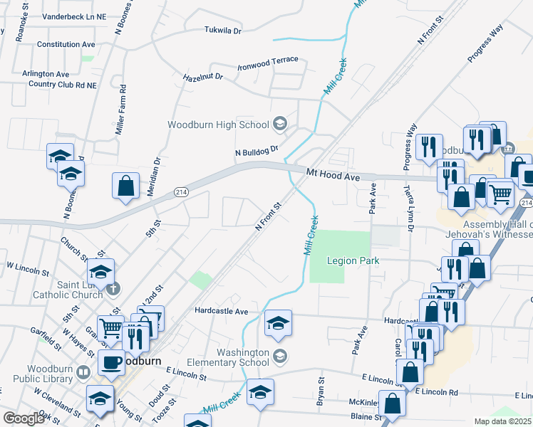 map of restaurants, bars, coffee shops, grocery stores, and more near 1512-1558 North Front Street in Woodburn