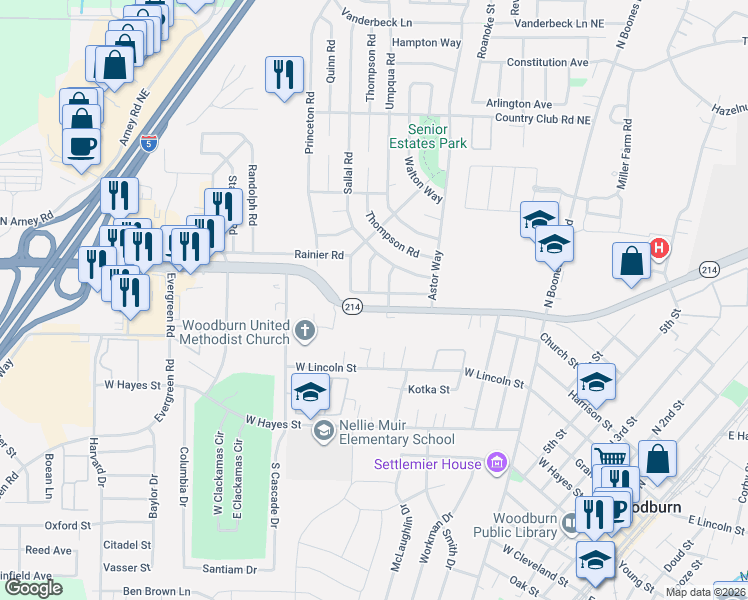 map of restaurants, bars, coffee shops, grocery stores, and more near 1400 Rainier Road in Woodburn