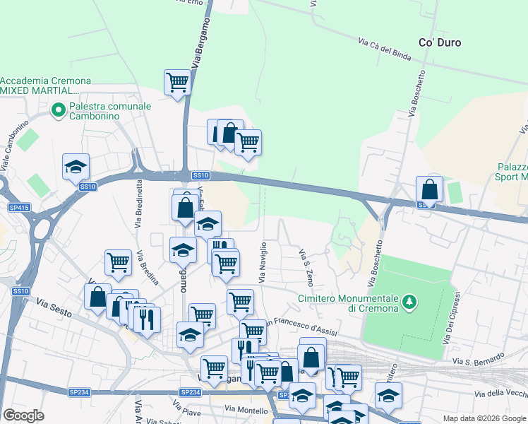 map of restaurants, bars, coffee shops, grocery stores, and more near 34 Via Alessandro Pampurino in Cremona