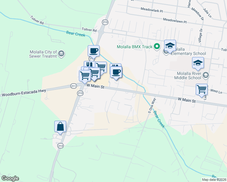 map of restaurants, bars, coffee shops, grocery stores, and more near 1406 West Main Street in Molalla