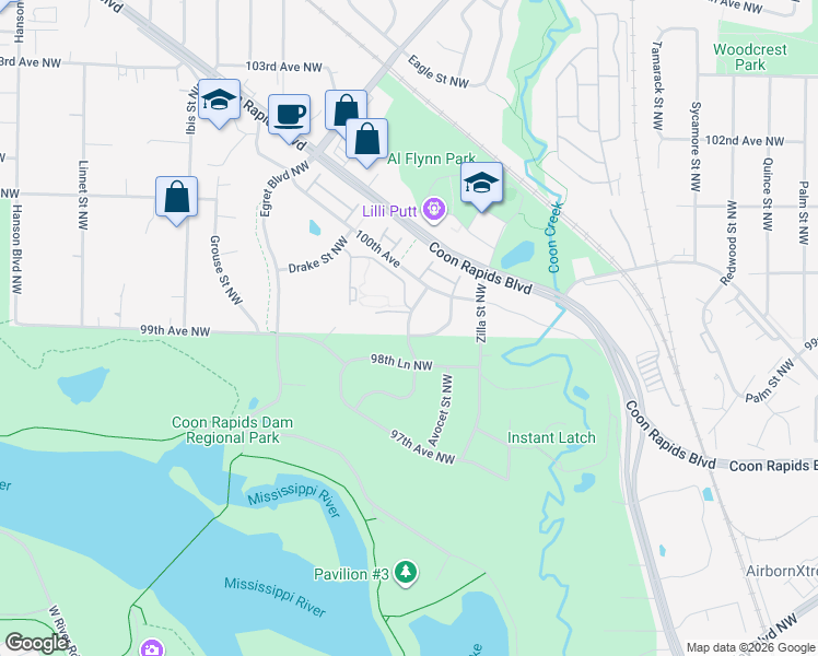 map of restaurants, bars, coffee shops, grocery stores, and more near 9900 Bluebird Street Northwest in Minneapolis