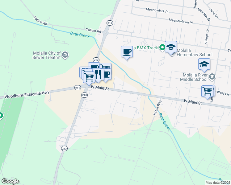 map of restaurants, bars, coffee shops, grocery stores, and more near 12874 Oregon 211 in Molalla