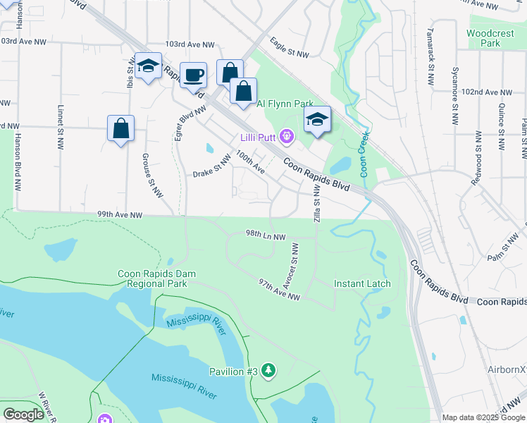 map of restaurants, bars, coffee shops, grocery stores, and more near 9900 Bluebird Street Northwest in Minneapolis