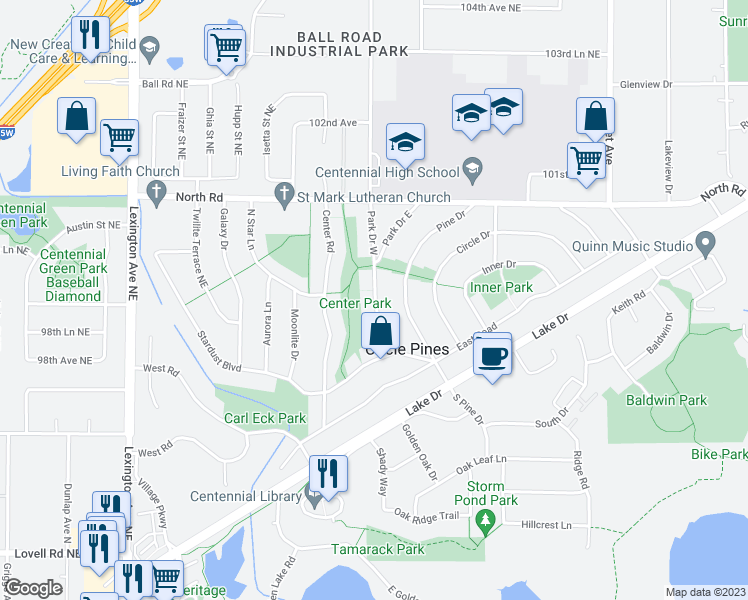 map of restaurants, bars, coffee shops, grocery stores, and more near 16 Park Drive in Circle Pines