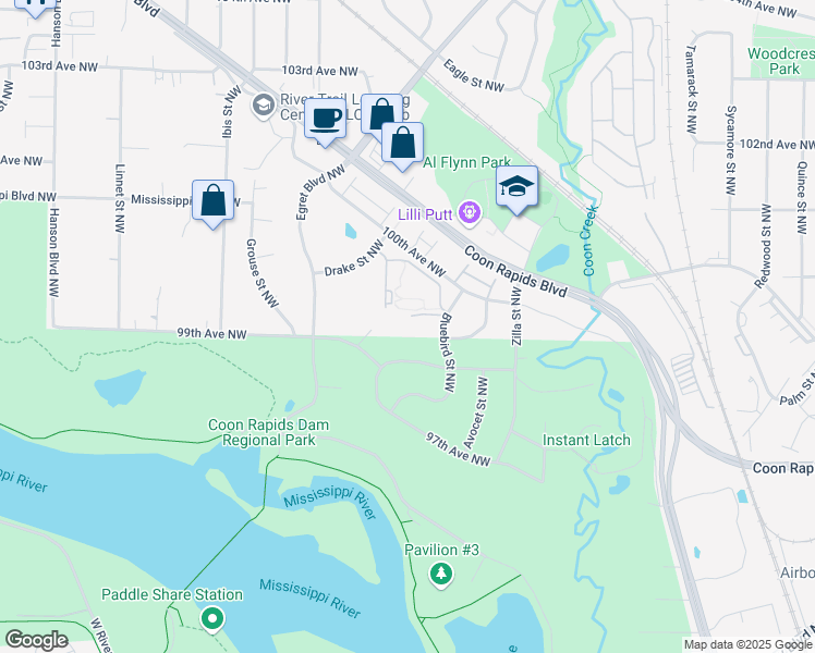 map of restaurants, bars, coffee shops, grocery stores, and more near 1514 99th Circle Northwest in Coon Rapids