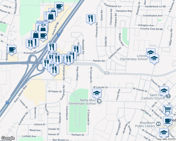 map of restaurants, bars, coffee shops, grocery stores, and more near 943 North Cascade Drive in Woodburn