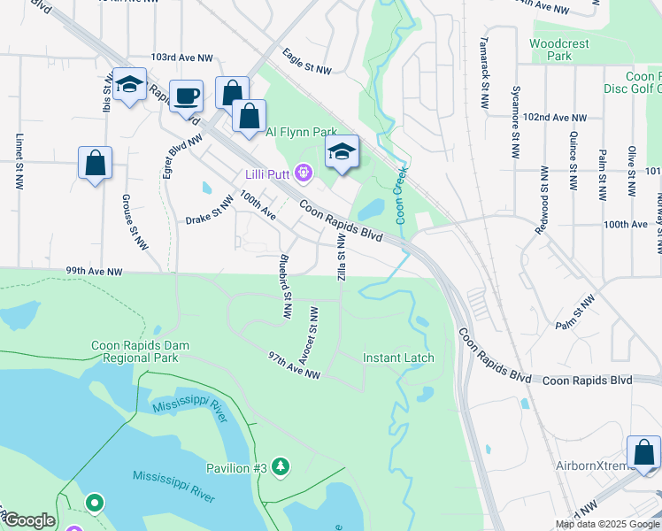 map of restaurants, bars, coffee shops, grocery stores, and more near 9920 Zilla Street Northwest in Coon Rapids
