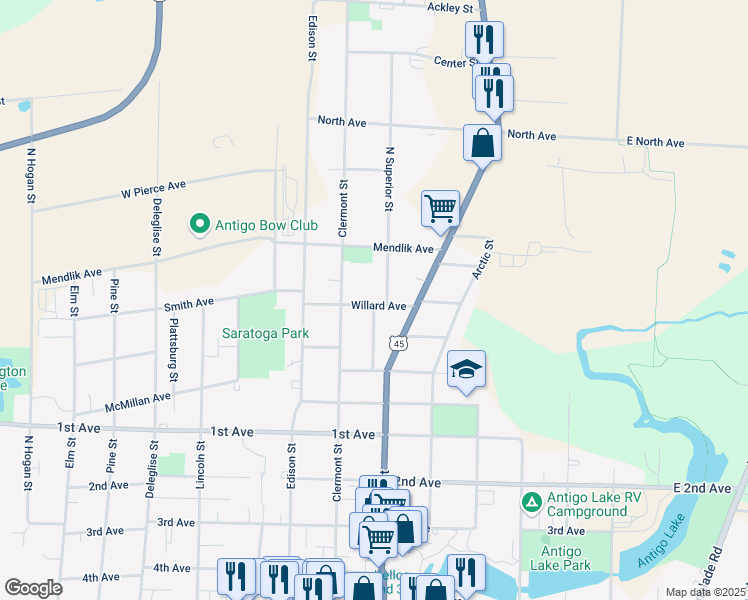 map of restaurants, bars, coffee shops, grocery stores, and more near 706 Willard Avenue in Antigo