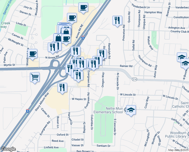 map of restaurants, bars, coffee shops, grocery stores, and more near 925 Oregon Way in Woodburn