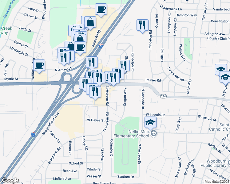 map of restaurants, bars, coffee shops, grocery stores, and more near 925 Oregon Way in Woodburn