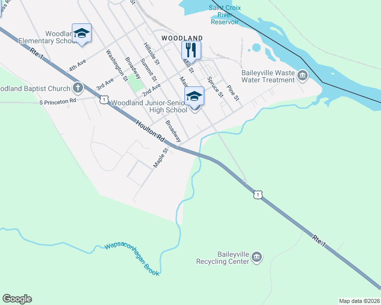 map of restaurants, bars, coffee shops, grocery stores, and more near 785 Houlton Road in Baileyville