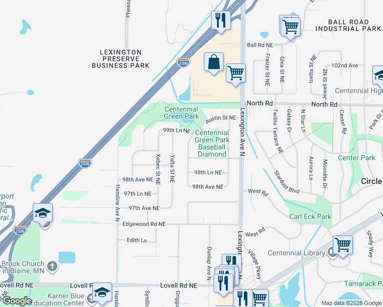map of restaurants, bars, coffee shops, grocery stores, and more near 9900 Austin Street Northeast in Circle Pines
