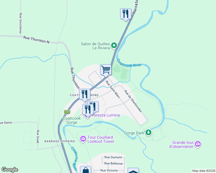 map of restaurants, bars, coffee shops, grocery stores, and more near 38 Rue Saint-Marc in Coaticook