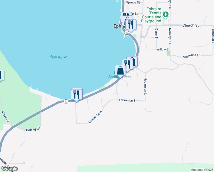 map of restaurants, bars, coffee shops, grocery stores, and more near 9887 Water Street South in Fish Creek