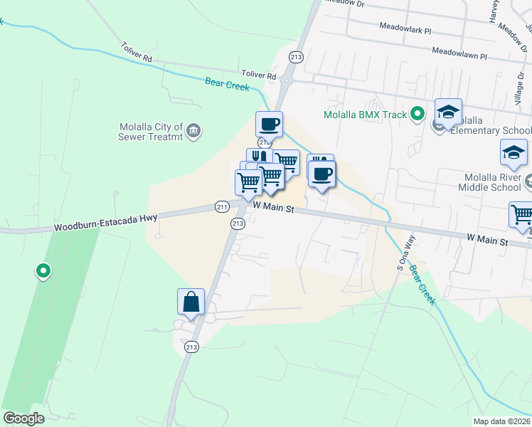 map of restaurants, bars, coffee shops, grocery stores, and more near 31514 Oregon 213 in Molalla