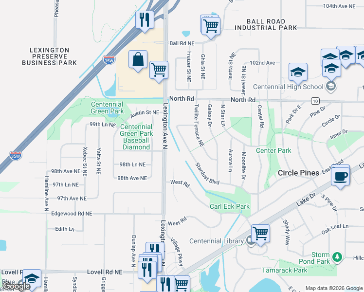 map of restaurants, bars, coffee shops, grocery stores, and more near 241 Stardust Boulevard in Circle Pines