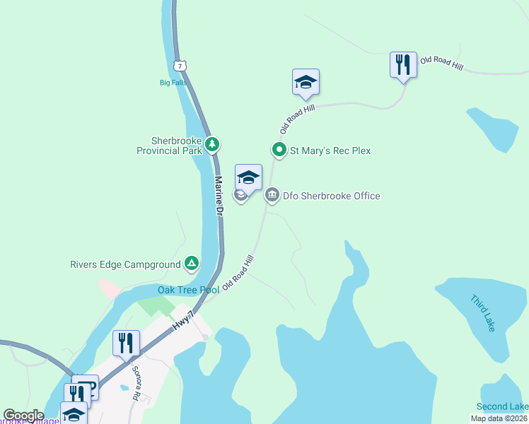 map of restaurants, bars, coffee shops, grocery stores, and more near 357 Old Road Hill in Sherbrooke