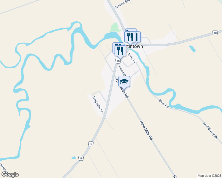 map of restaurants, bars, coffee shops, grocery stores, and more near County Road 18 in Martintown