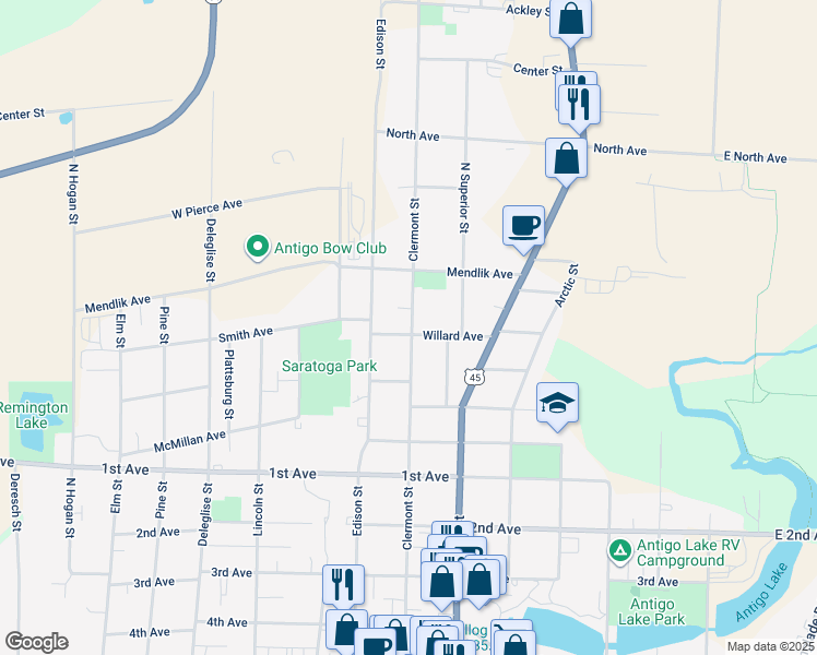 map of restaurants, bars, coffee shops, grocery stores, and more near 1332 Clermont Street in Antigo