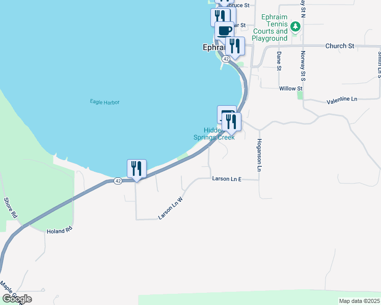 map of restaurants, bars, coffee shops, grocery stores, and more near 9887 Water Street South in Fish Creek