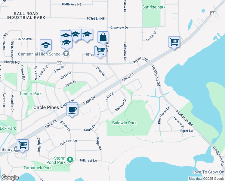 map of restaurants, bars, coffee shops, grocery stores, and more near 107 Keith Road in Circle Pines