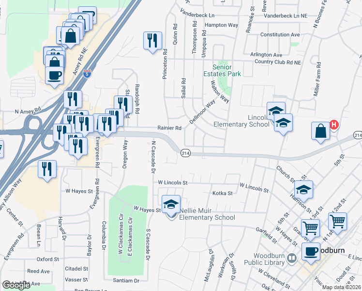 map of restaurants, bars, coffee shops, grocery stores, and more near 1488 Rainier Road in Woodburn